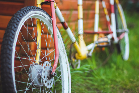 两个乘客的自行车 双环骑术公园旅行运动古董踏板车轮红色背景图片