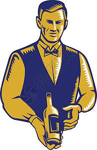 酒精块介绍酒瓶木剪的售货员插画