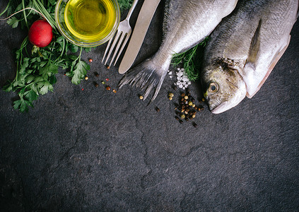 Gilthead鱼和食料盘子钓鱼菜单渔业摄影架子食物鲷鱼尾巴海洋背景图片