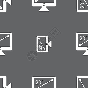 灰色电脑显示器的对角 23 英寸图标符号 在灰色背景上的无缝图案 矢量电脑比率令牌创造力横幅电视屏幕徽章丝带监视器插画