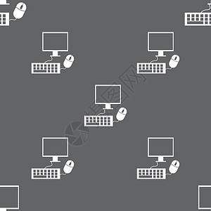 灰色电脑计算机宽屏监视器 键盘 鼠标符号图标 灰色背景上的无缝模式 矢量创造力徽章质量标签邮票电视海豹屏幕电脑展示插画