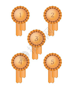 5个授奖彩带勋章青铜证书保修单优胜者冠军橙子评分徽章花环背景图片