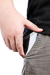 牛仔裤口袋带黑屏幕的智能手机审查工具互联网裤子展示男生电话通讯器广告电脑背景图片