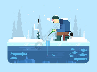 鱼谷洞从事冬季捕鱼的男子插画