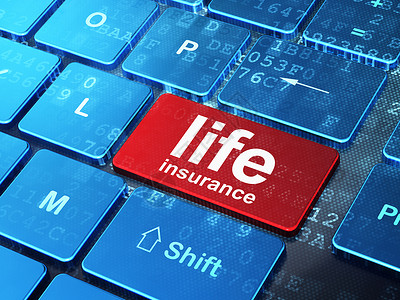 在电脑键盘背景上的保险概念人寿保险按钮生活投保人被保险人政策事故网络白色蓝色笔记本背景图片