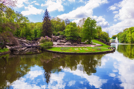 具有反射效果的景观湖环境公园假期蓝色天空季节阳光树木场景森林背景图片