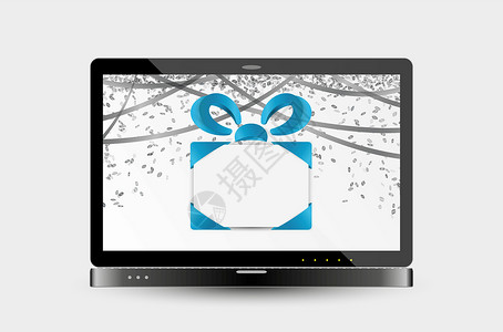 笔记本电脑屏幕上带礼带和彩装惊喜技术工作纸屑展示礼物白色插图电子蓝色设计图片