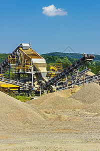 金属矿沙砂和砾石生产天空工厂植物制造业碎石工业输送带机械蓝色机器背景