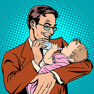 给小袋鼠喂奶快乐的父亲给新生婴儿奶奶喂奶插画