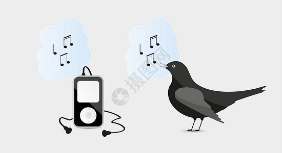 乌鸦声音素材带耳机和鸟的音乐装置插画