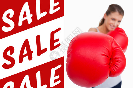 一个微笑着的拳击女拳手肖像综合图象棕色长发销售双手红色女士储蓄折扣女性头发背景图片