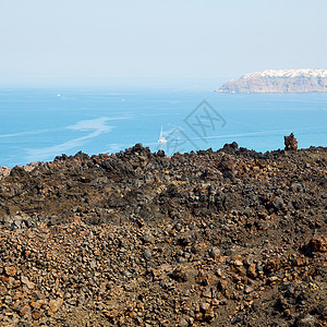 欧洲桑托里尼山地的火山 天空和地中海岩石沙漠火山口世界公园旅游爬坡国家地质学遗产背景