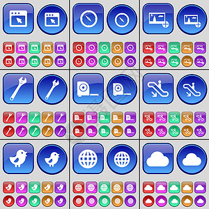 窗口 指南针 图片 扳手 卷尺 自动扶梯 鸟 地球仪 云 一大套多色按钮 向量背景图片
