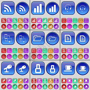RSS 图表 耳机 连接 文件夹 文本文件 麦克风 八 杯子 一大套多色按钮 向量背景图片