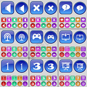 三泡台声音 停止 聊天气泡 Wi-Fi 游戏手柄 监视器 一 三 图形 一大套多色按钮 向量插画