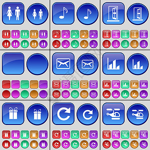 按钮图声波 笔记 门 信息 图 礼品 重新装入 直升机 一大批多色按钮 矢量插画