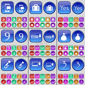 短信 手提箱 是的 九 键盘 喷雾器 麦克风 笔记本电脑 三 一大套多色按钮 向量背景图片