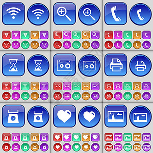 接收器科技线条图片Wi-Fi 放大镜 接收器 沙漏 磁带 打印机 体重秤 心脏 图片 一大套多色按钮 向量插画