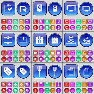 networkSurvey Speaker Monitor Fence Network Tag Paddle 文本文件 一大套多色按钮 向量插画