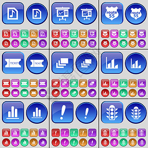 音乐文件 图表 55 号公路 门票 图库 图表 图表 感叹号 交通信号灯 一大套多色按钮 向量背景图片