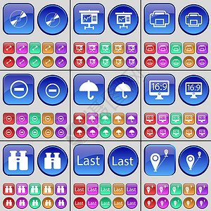 路线指引图磁盘 图 打印机 Minus 伞 监视器 望远镜 最后路径 一大批多色按钮 矢量插画