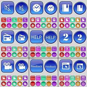 二色花藤静音 时钟 笔记本 收音机 帮助 二 胶片相机 反馈 窗口 一大套多色按钮 向量插画