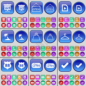 图表 打开 媒体文件 手掌 重量 衣架 徽章 喜欢 勾选 一大套多色按钮 向量背景图片