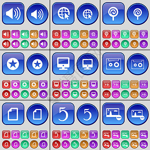 声音 Web 光标 棒棒糖 明星 显示器 磁带 文件 五 图片 一大套多色按钮 向量背景图片