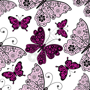蝴蝶无缝模式插图黑色紫丁香白色织物剪贴簿紫色蝴蝶剪影背景图片