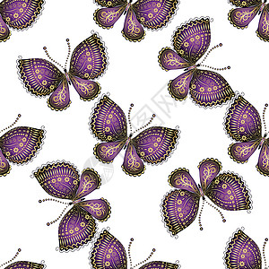 蝴蝶无缝模式剪影织物紫色紫丁香蝴蝶金子白色剪贴簿黑色插图背景图片