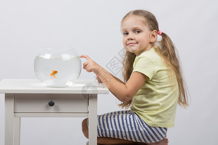 四岁女孩坐在水族馆前 拿着金鱼 敲他的手指在它上高清图片