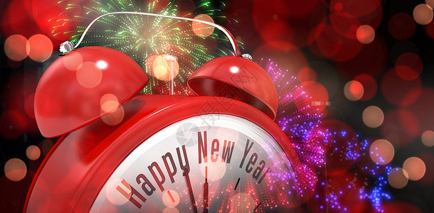红闹钟中新年快乐的复合图像警报计算机红色时间派对焰火绘图庆典活力背景图片