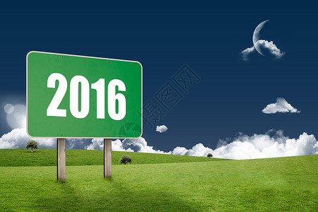 2016年复合图像月亮广告新年场地路标蓝色广告牌绿色背景图片