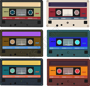 竖式卷轴收集矢量回溯式录音磁带 一套不同彩色音乐磁带 在白色背景上隔离 矢量艺术eps10插画