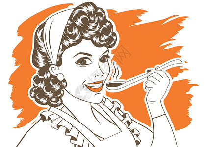 流行艺术古代女人 用围裙来品尝她的食物盘子餐厅工作乡愁烹饪主妇海报炊具美食妻子背景图片