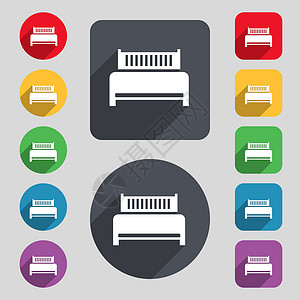 酒店 床图标标志 一组有12色按钮和长阴影背景图片