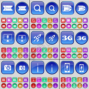 门票 放大镜 MP3 显示器 火箭 3G 相机 螺丝刀 智能手机 一大套多色按钮背景图片
