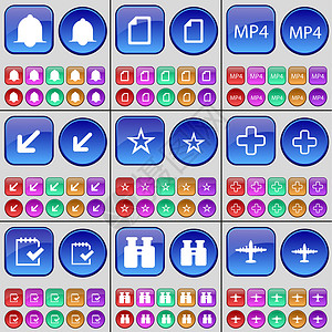 通知 文件 MP4 部署屏幕 星标 加号 测量 双筒望远镜 飞机 一大套多色按钮背景图片
