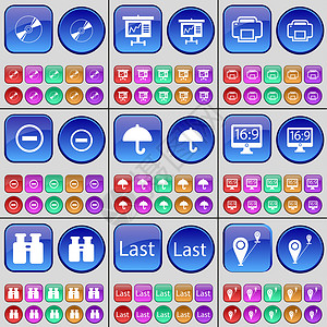 路线指引图磁盘 图 打印机 Minus 保护伞 监视器 望远镜 最后路线 一大批多色按钮背景