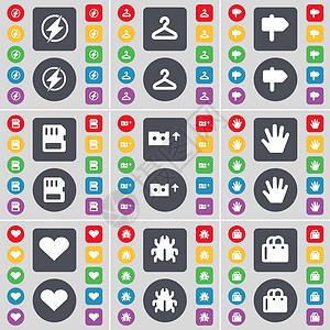 sim卡图标闪光灯 衣架 路标 SIM 卡 盒式磁带 手 心 虫 购物袋图标符号 一大套平面彩色按钮 适合您的设计背景