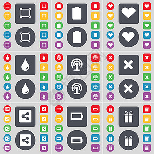 框架 电池 心脏 下降 Wi-Fi 停止 共享 电池 礼品图标符号 一大套平面彩色按钮 适合您的设计背景图片