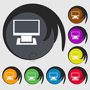 计算机宽屏监视器符号 8个彩色按钮上的符号插图展示电脑屏幕圆圈白色电视令牌邮票网络背景图片