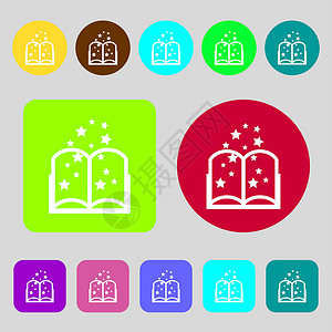 魔术书符号图标 开放书籍符号 12个彩色按钮 平面设计背景图片