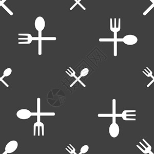勺子叉子图标叉子和勺子交叉 餐具 食用图标符号 灰色背景上的无缝模式用餐刀具插图徽章横向邮票咖啡店圆形餐厅黑色背景