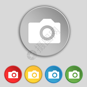 数字照相机图标符号 5个平板按钮上的符号摄影闪光气泡徽章标签创造力摄影师质量相机插图背景图片
