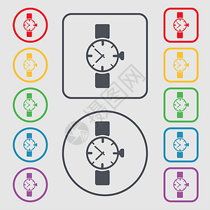 图标符号 圆形上的符号和带边框的平方按钮速度小时测量收藏界面技术跑表插图时间手表背景图片