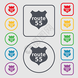 路线图标55 号公路公路图标标志 带有框架的圆形和方形按钮上的符号背景