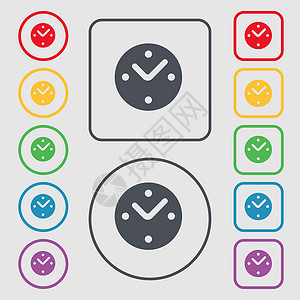 机械时钟图标符号 圆形上的符号和带边框的平方按钮背景图片