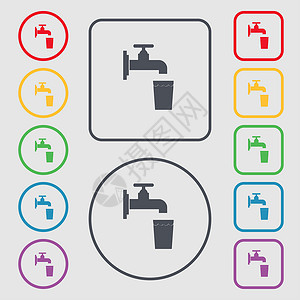 水管 玻璃 水图标符号 圆形上的符号和带边框的平方按钮背景图片