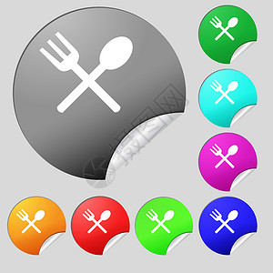 勺子叉子图标叉子和勺子交叉 餐具 食用图标符号 一组8个多色圆环按钮 标签背景